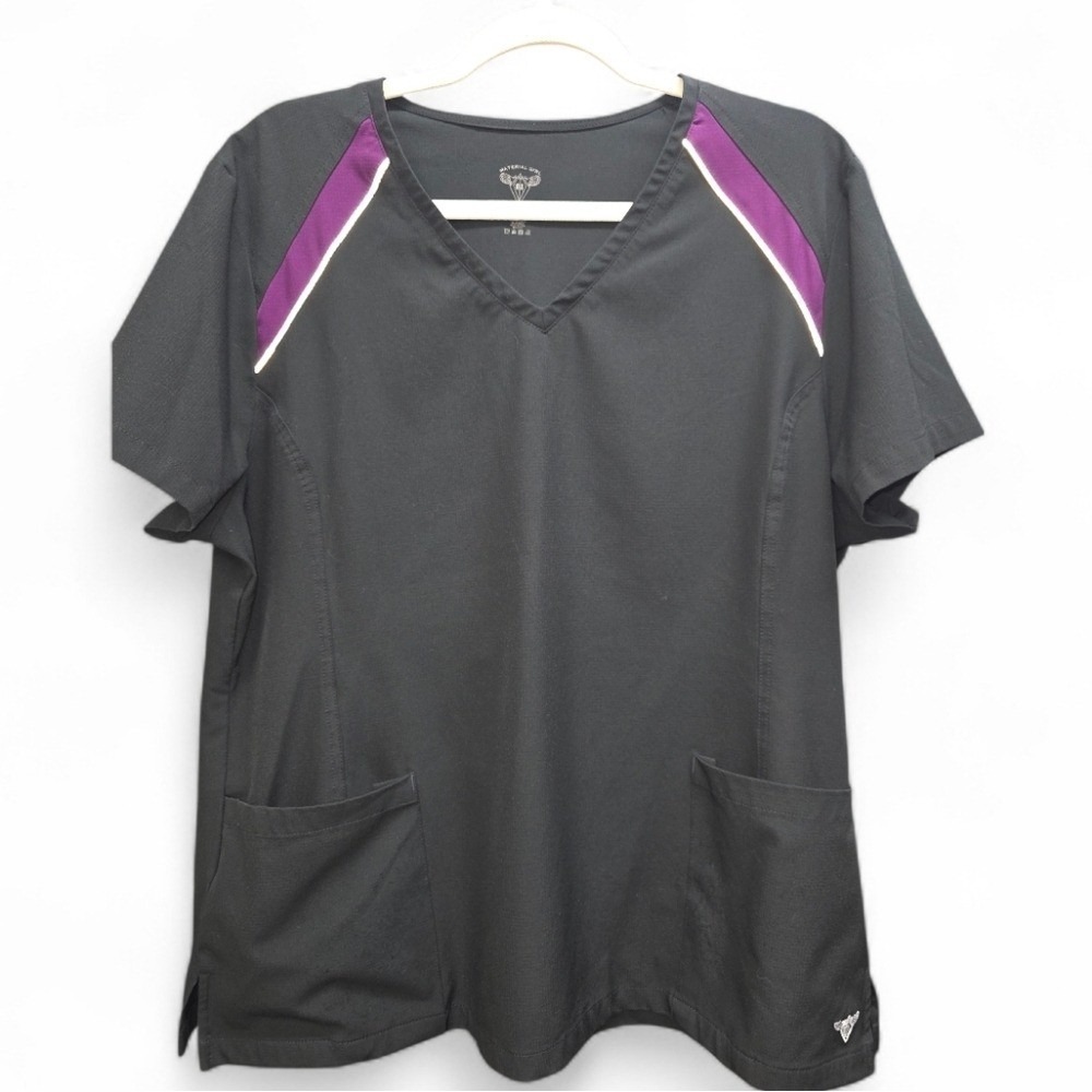 Material Girl by Medgear Scrub Top XL Black Purple‎ V-Neck 2 Pocket Workwear